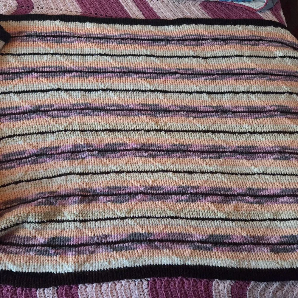 VTG Crochet Afghan Blanket Throw Pink Peach White Diamond